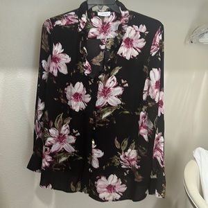 Calvin Klein Black and Floral Button Blouse - 2X